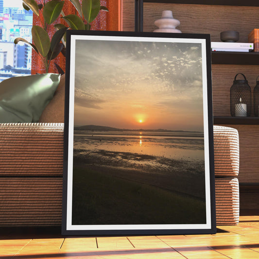 Coastal Sunset Photography Print, Estuary Low Tide Poster, Orange Sky Wall Art, Seascape Landscape Photo Print, Golden Hour Beach Decor