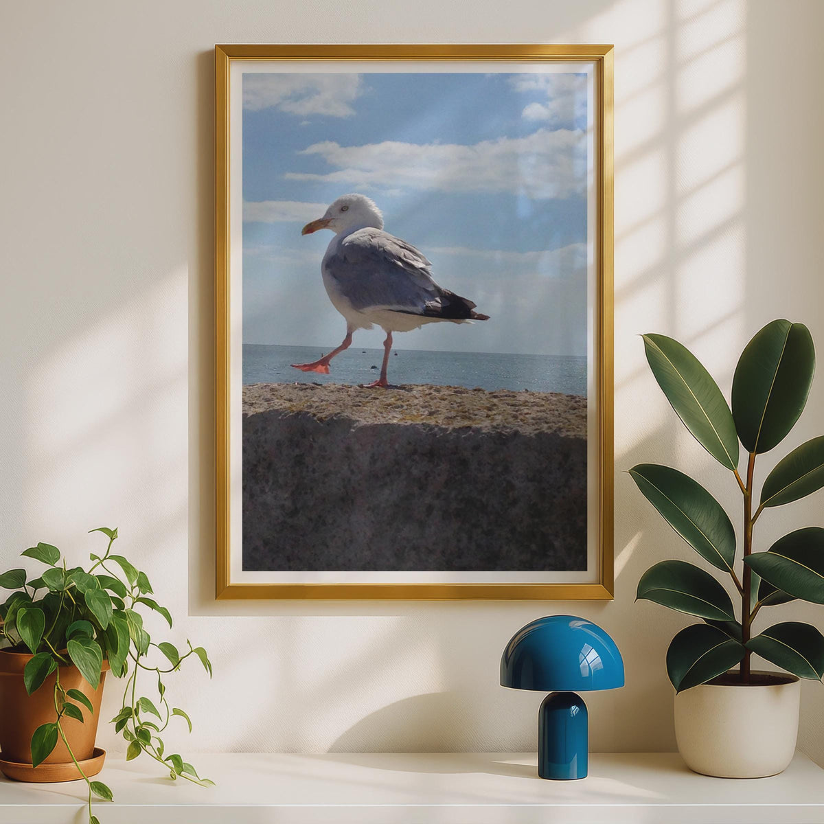 Seagull Print, Coastal Bird Photography Poster, Seaside Wall Art, Blue Sky Ocean, Beach House Decor, Wildlife Photo Print for Nautical Home