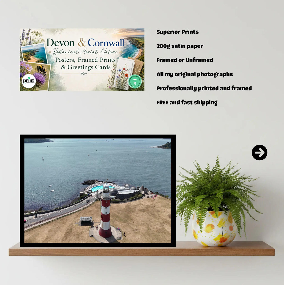 Ocean View Lighthouse & Tinside Lido | Coastal Photography of Plymouth Seafront | Art Deco Outdoor Pool Wall Art | Framed or Poster Print