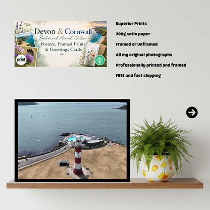 Ocean View Lighthouse & Tinside Lido | Coastal Photography of Plymouth Seafront | Art Deco Outdoor Pool Wall Art | Framed or Poster Print