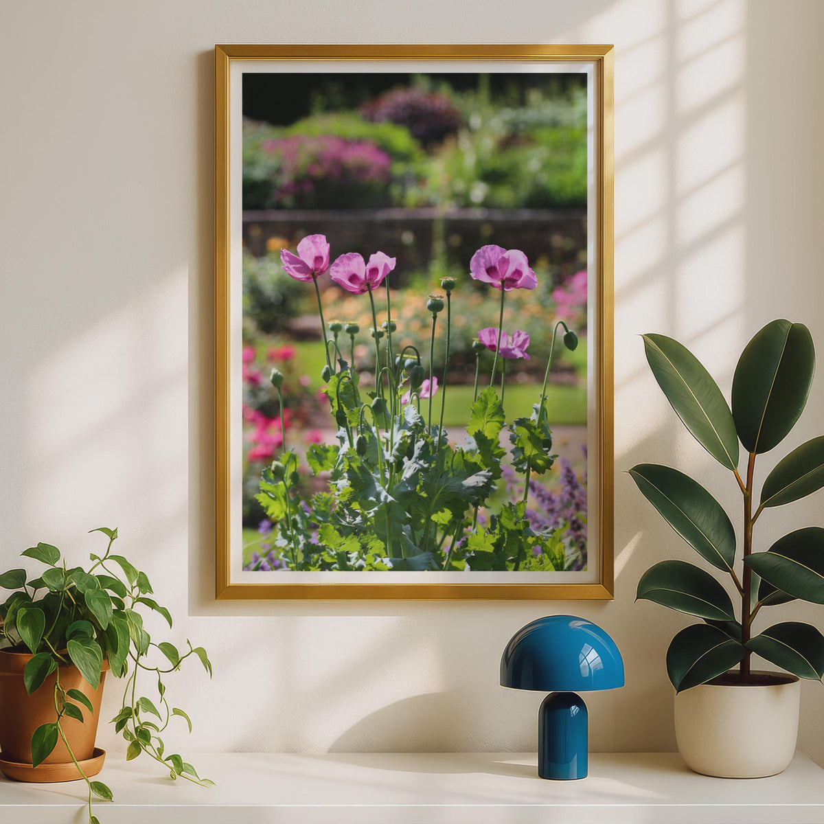 Pink Poppy Garden Poster, Summer Flower Photography Print, Botanical Wall Art, Floral Home Decor, English Garden Photo Print