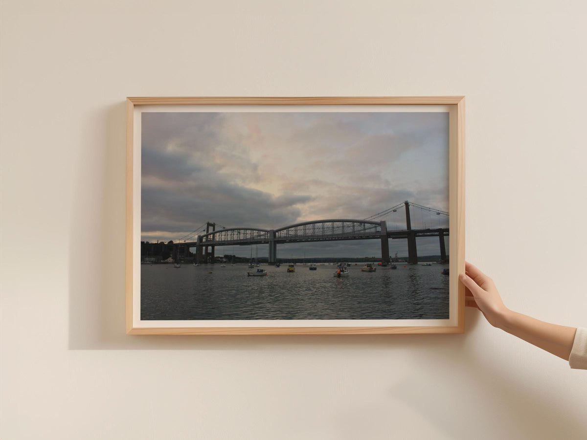 Royal Albert Bridge Saltash Cornwall Poster, Tamar River Dusk Framed-Print, Devon Cornwall Wall Art, Moody Sky Boats Photography Print