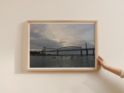 Royal Albert Bridge Saltash Cornwall Poster, Tamar River Dusk Framed-Print, Devon Cornwall Wall Art, Moody Sky Boats Photography Print