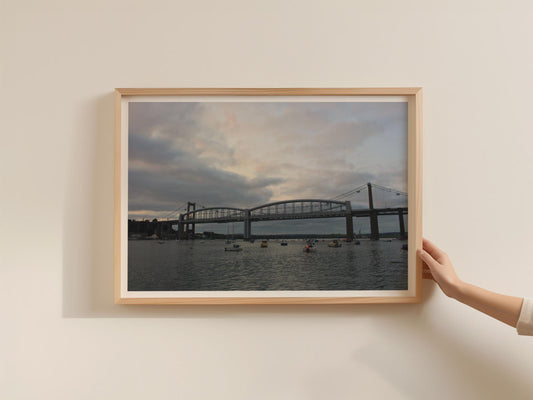 Royal Albert Bridge Saltash Cornwall Poster, Tamar River Dusk Framed-Print, Devon Cornwall Wall Art, Moody Sky Boats Photography Print