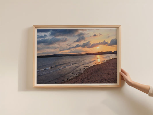 Exmouth Beach Sunset Poster, Devon Coastal Landscape Framed Print, Sandy Shore Sea Wall Art, Orange Sky Photography Print