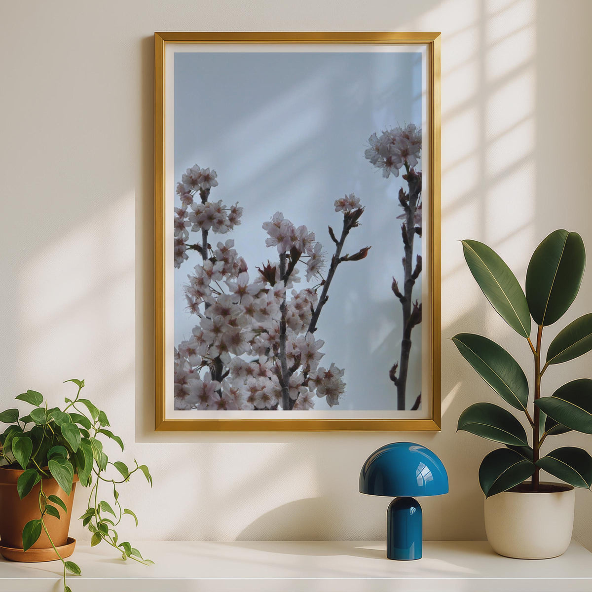 Cherry Blossom Photography Print, Spring Blossom Wall Art, Pale Blue Sky Floral Poster, Pink White Flower Print, Botanical Nature Photo