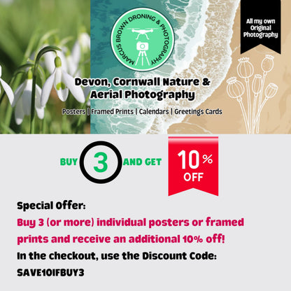 The image is a promotional poster for Devon, Cornwall, and nature and aerial photography. It features a collage of images, including a close-up of snowdrops, a beach scene, and a floral image. The poster offers a special deal where customers can buy 3 or more individual posters or framed prints and receive a 10% discount in the checkout.
