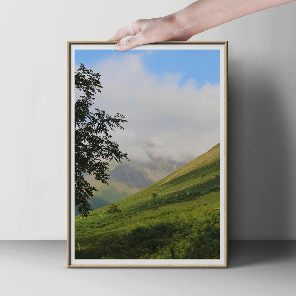 Mountain Valley Landscape Poster, Green Hills Tree Photography Print, Misty Peak Wall Art, British Highland Nature Photo Print for Home