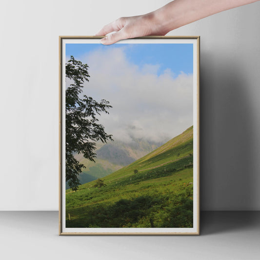 Mountain Valley Landscape Poster, Green Hills Tree Photography Print, Misty Peak Wall Art, British Highland Nature Photo Print for Home