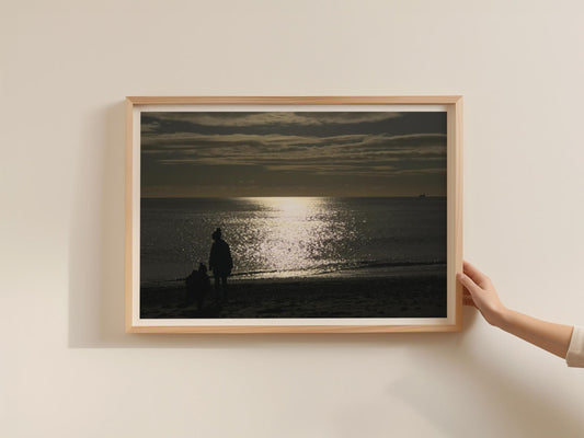 Beach Sunset Silhouette Poster, Coastal Landscape Framed-Print, Moody Seascape Wall Art, Dawn Dusk Sea Print, Dark Tones Ocean Decor