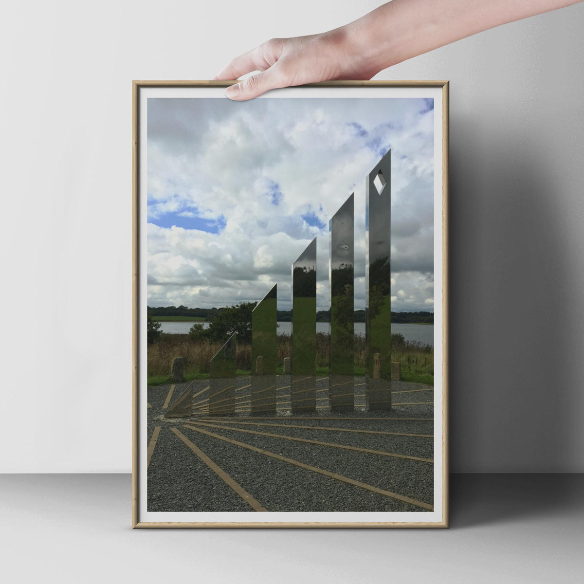 Polished Steel Sculpture Poster, Mirror Stainless Art Print, Contemporary Outdoor Installation Wall Art, Modern Lakeside Photography Print