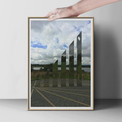 Polished Steel Sculpture Poster, Mirror Stainless Art Print, Contemporary Outdoor Installation Wall Art, Modern Lakeside Photography Print