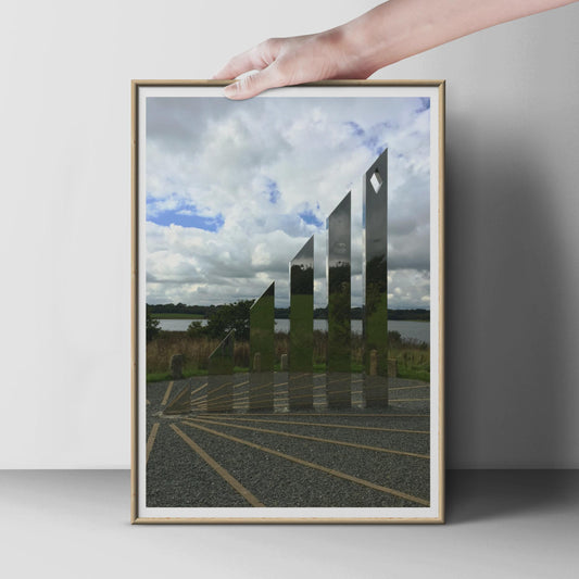 Polished Steel Sculpture Poster, Mirror Stainless Art Print, Contemporary Outdoor Installation Wall Art, Modern Lakeside Photography Print