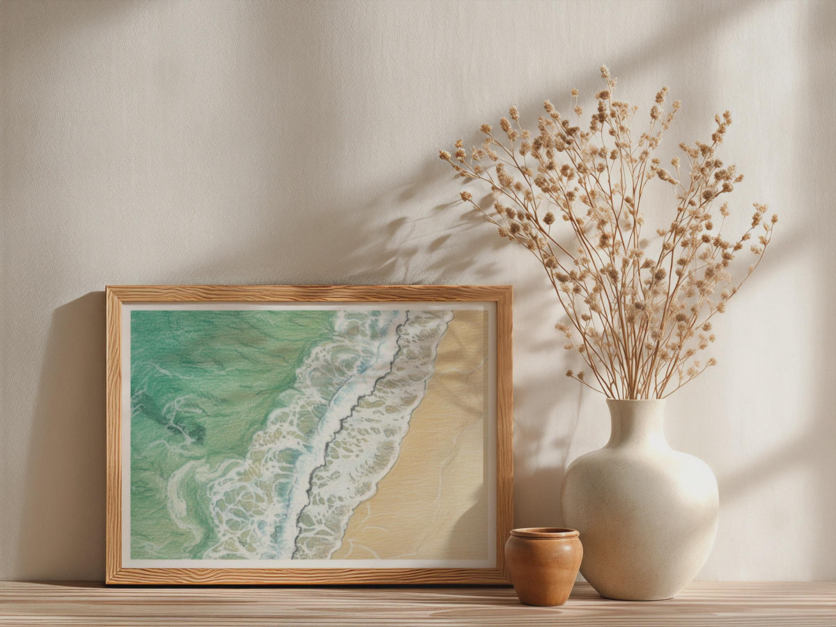 Cornwall Coastal Wave Poster, Aerial Beach Framed-Print, Teal Ocean Sandy Shore Wall Art, Seaside Drawing Print, British Coastal Decor