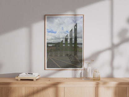 Polished Steel Sculpture Poster, Mirror Stainless Art Print, Contemporary Outdoor Installation Wall Art, Modern Lakeside Photography Print
