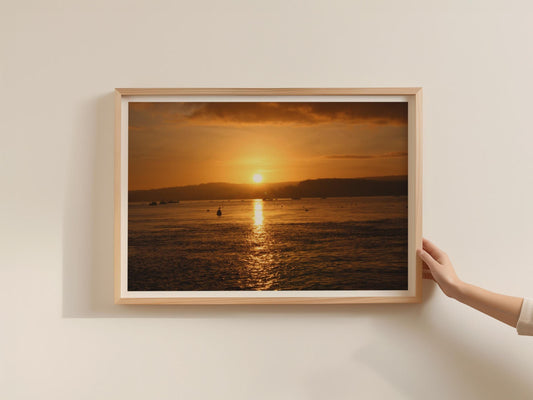 Golden Sunset Seascape Poster, Coastal Landscape Framed-Print, Orange Sky Ocean Wall Art, Nautical Home Decor, Seaside Photography Print