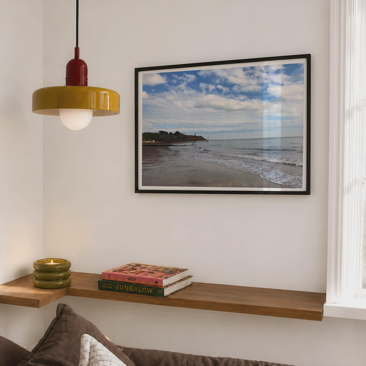 Devon Beach Coastal Poster, Seaside Framed-Print, Red Cliffs Sandy Shore Wall Art, British Seaside Photography Print, Calm Ocean Skies