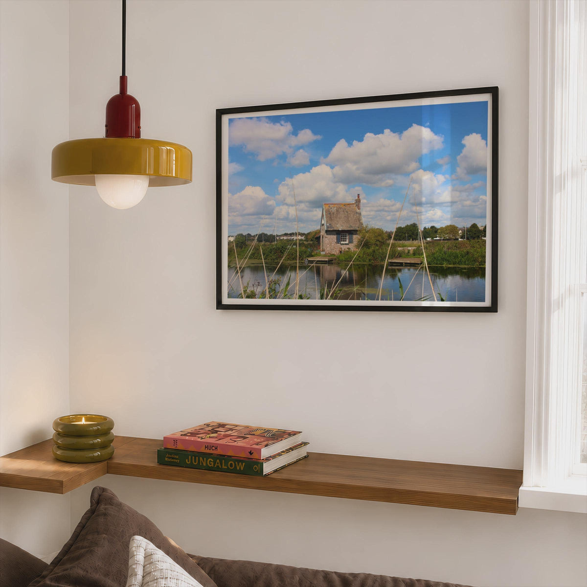 Stone Cottage by the Water Poster, English Countryside Framed-Print, Rural Lake Landscape, Blue Sky Wall Art, Rustic Lakeside Home Print