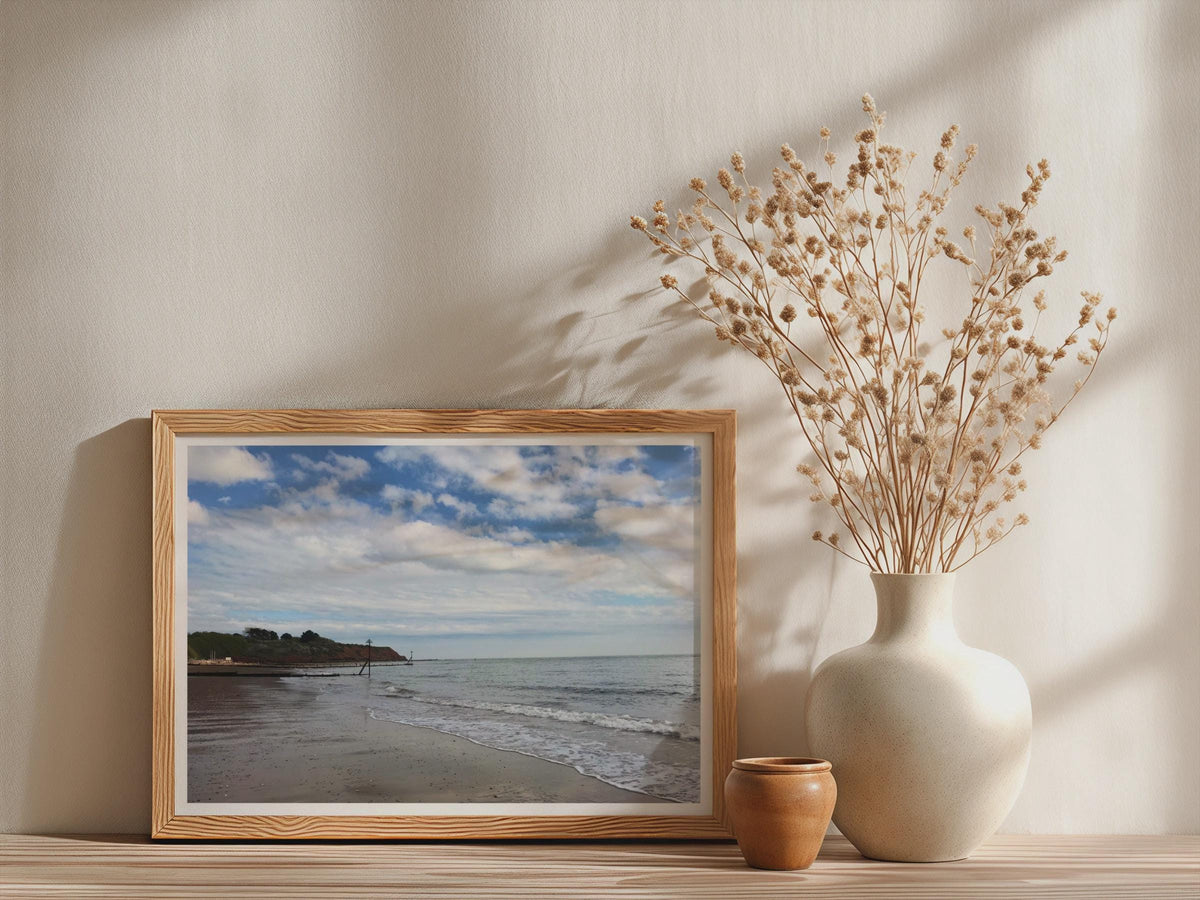 Devon Beach Coastal Poster, Seaside Framed-Print, Red Cliffs Sandy Shore Wall Art, British Seaside Photography Print, Calm Ocean Skies