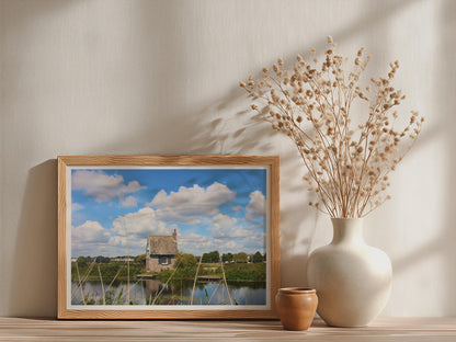Stone Cottage by the Water Poster, English Countryside Framed-Print, Rural Lake Landscape, Blue Sky Wall Art, Rustic Lakeside Home Print