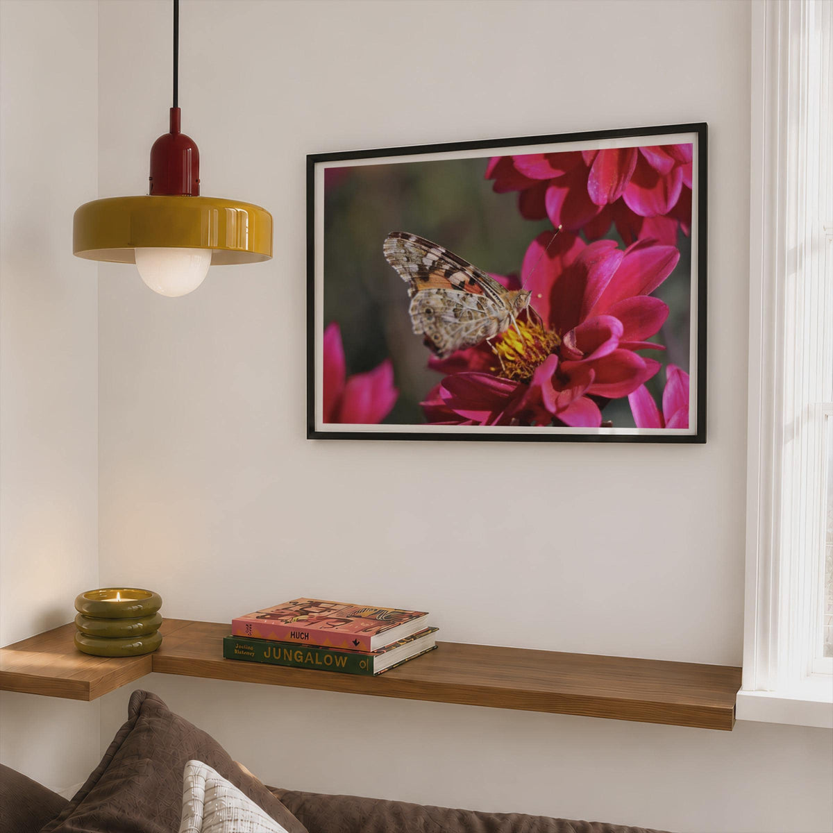 Painted Lady Butterfly on Dahlia Poster, Wildlife Nature Framed-Print, Pink Floral Macro Photography Wall Art, Garden Insect Home Decor