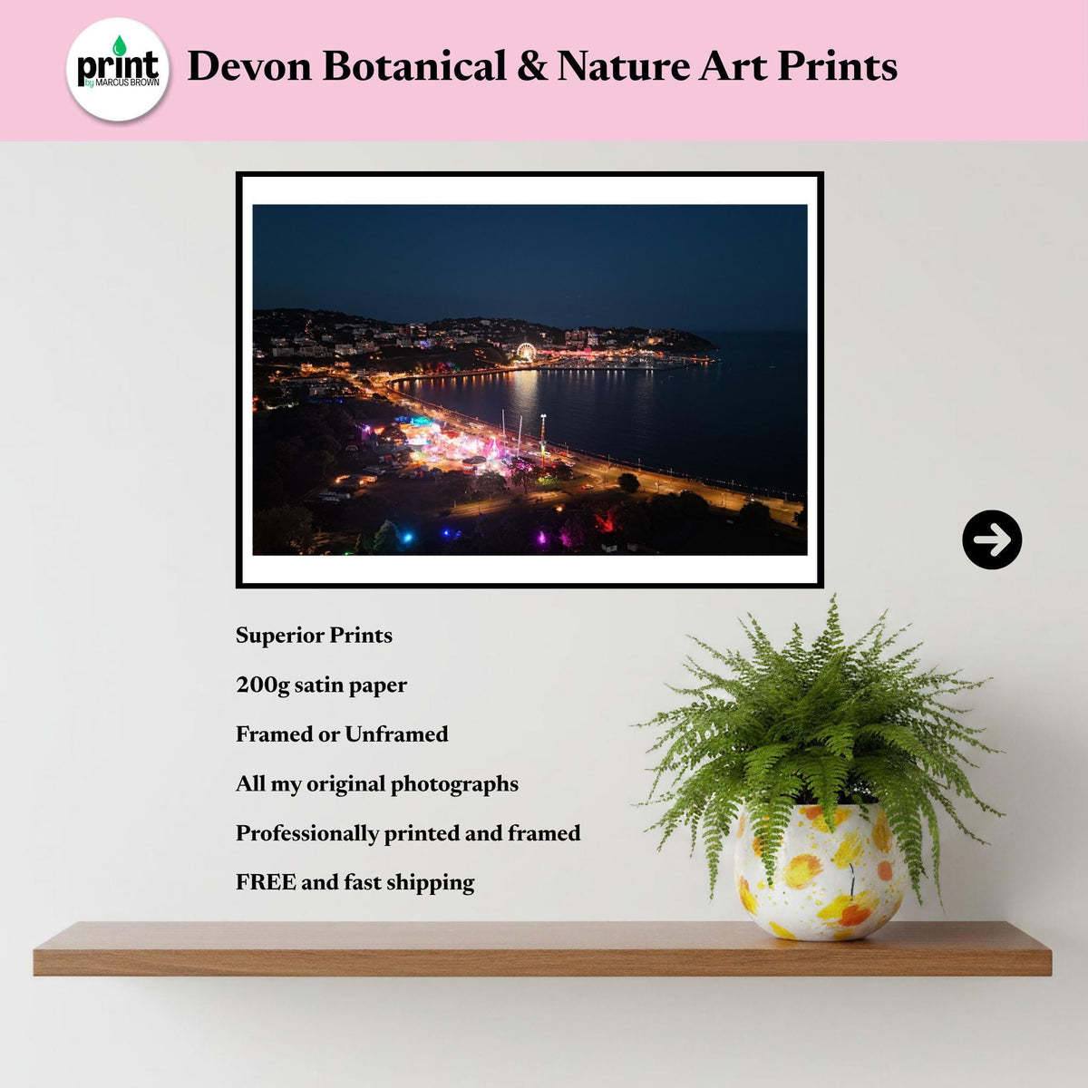 Torquay Seafront Night Print | Devon Coastal Photography, Illuminated Harbour Ferris Wheel