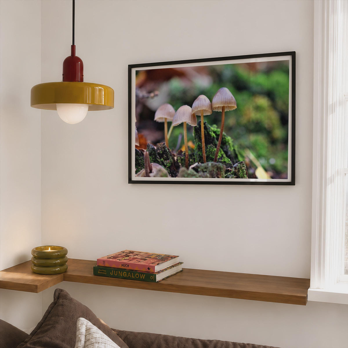 Woodland Fungi Poster mockup - Corner Bedroom Mockup - Landscape