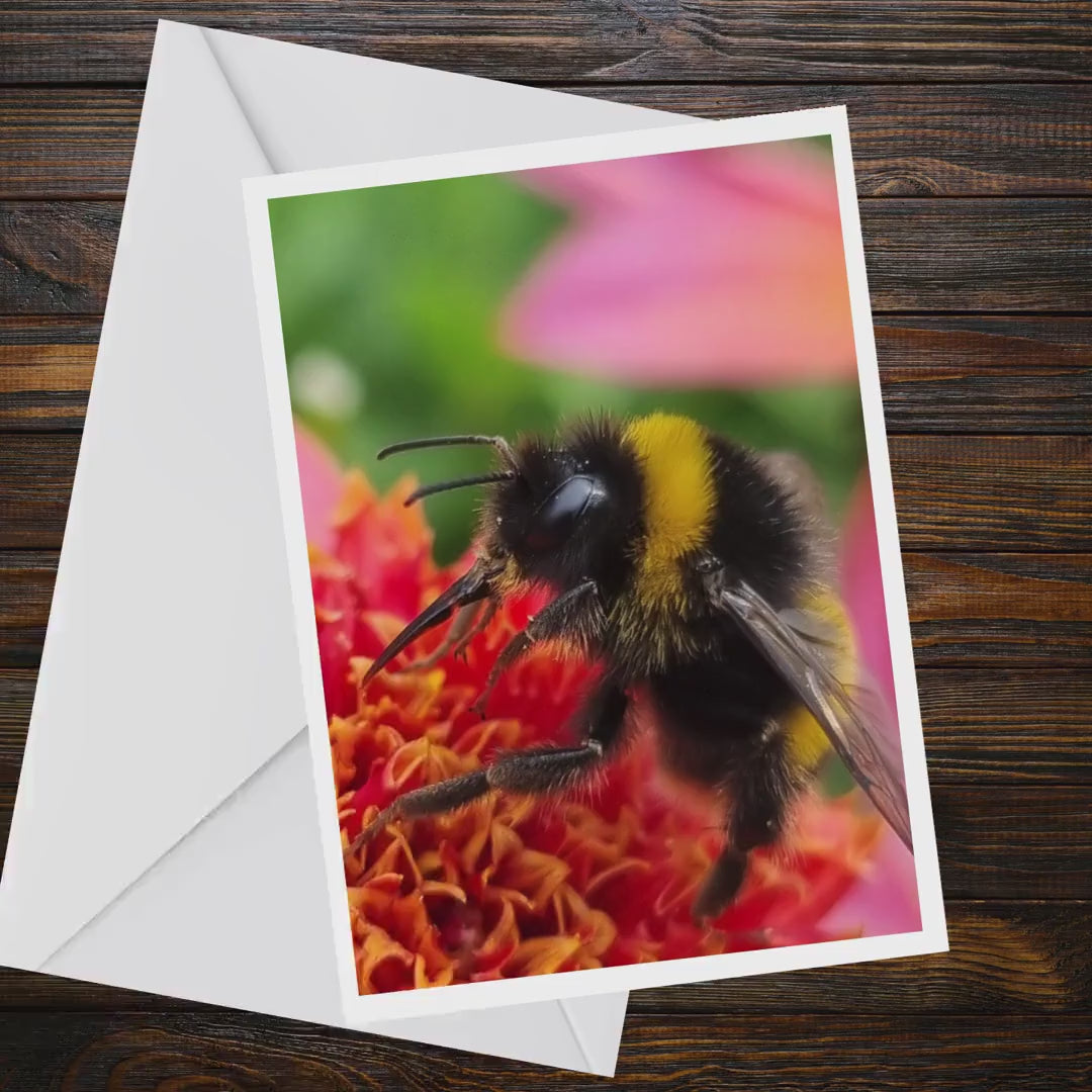 Close-Up Bumblebee Greeting Card, Dahlia Flower Photography, A6 Matte Nature Card