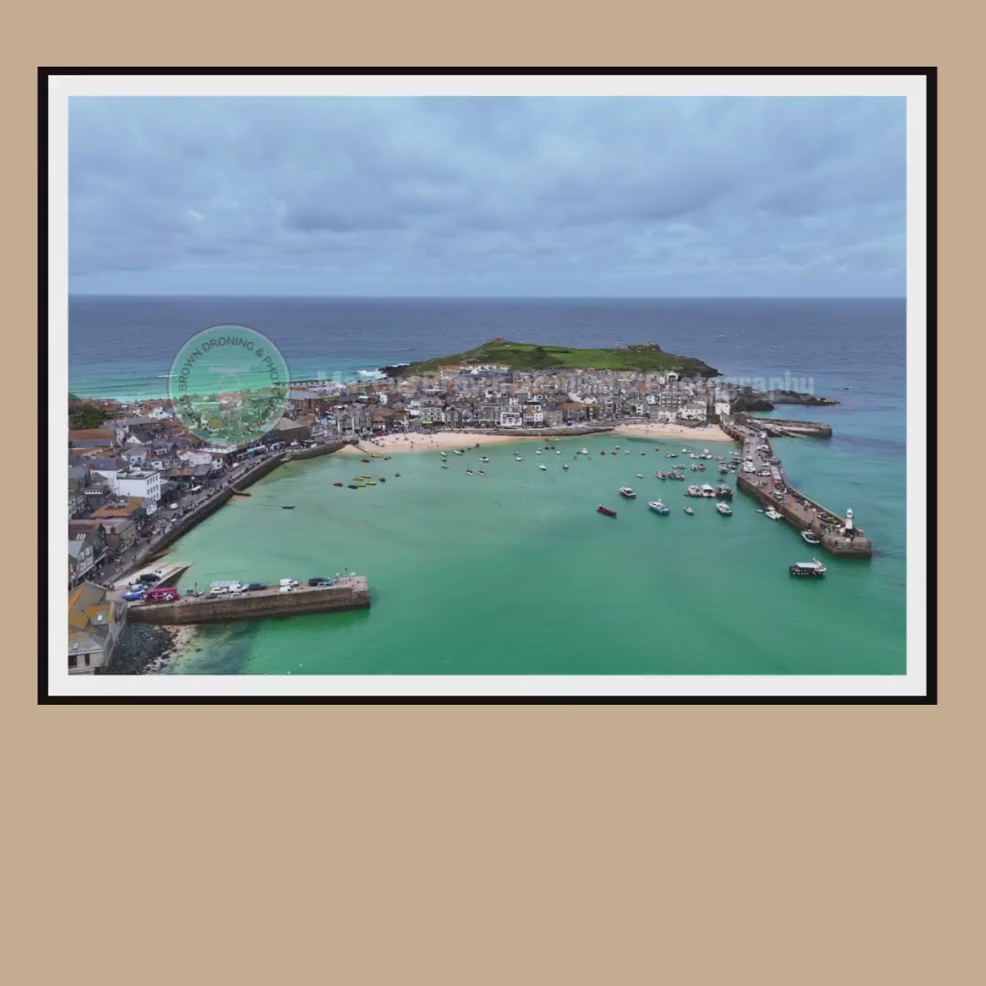 St Ives Harbour and Turquoise Waters from Above Poster or Framed Print